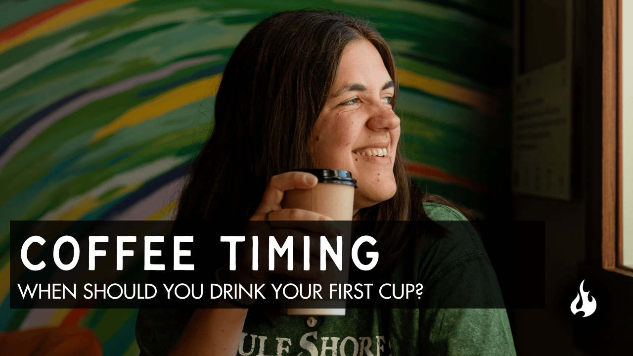 Woman smiling holding coffee mug with text about coffee timing