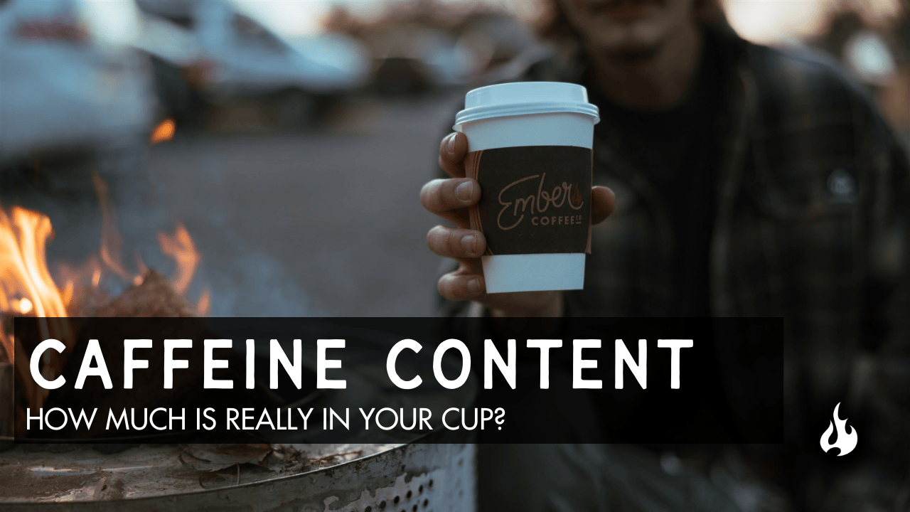 Person holding insulated coffee cup with white lid near outdoor campfire, text overlay reads "Caffeine Content: How Much Is Really in Your Cup?"