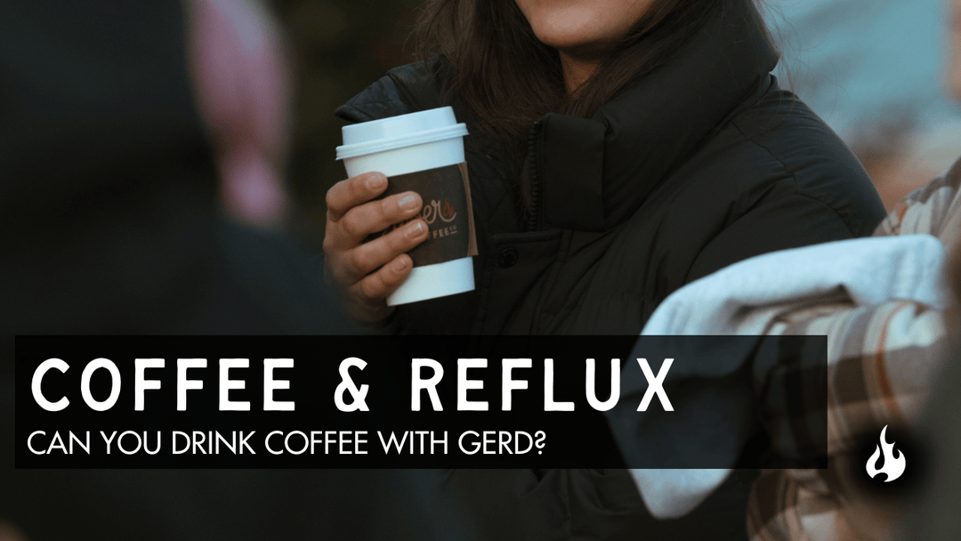 Person holding coffee cup outdoors with text about coffee and reflux