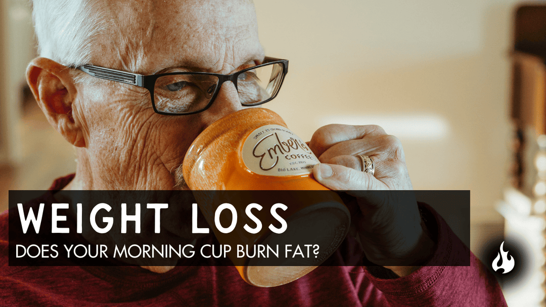 Elderly man wearing glasses holding Ember Coffee mug with text about weight loss
