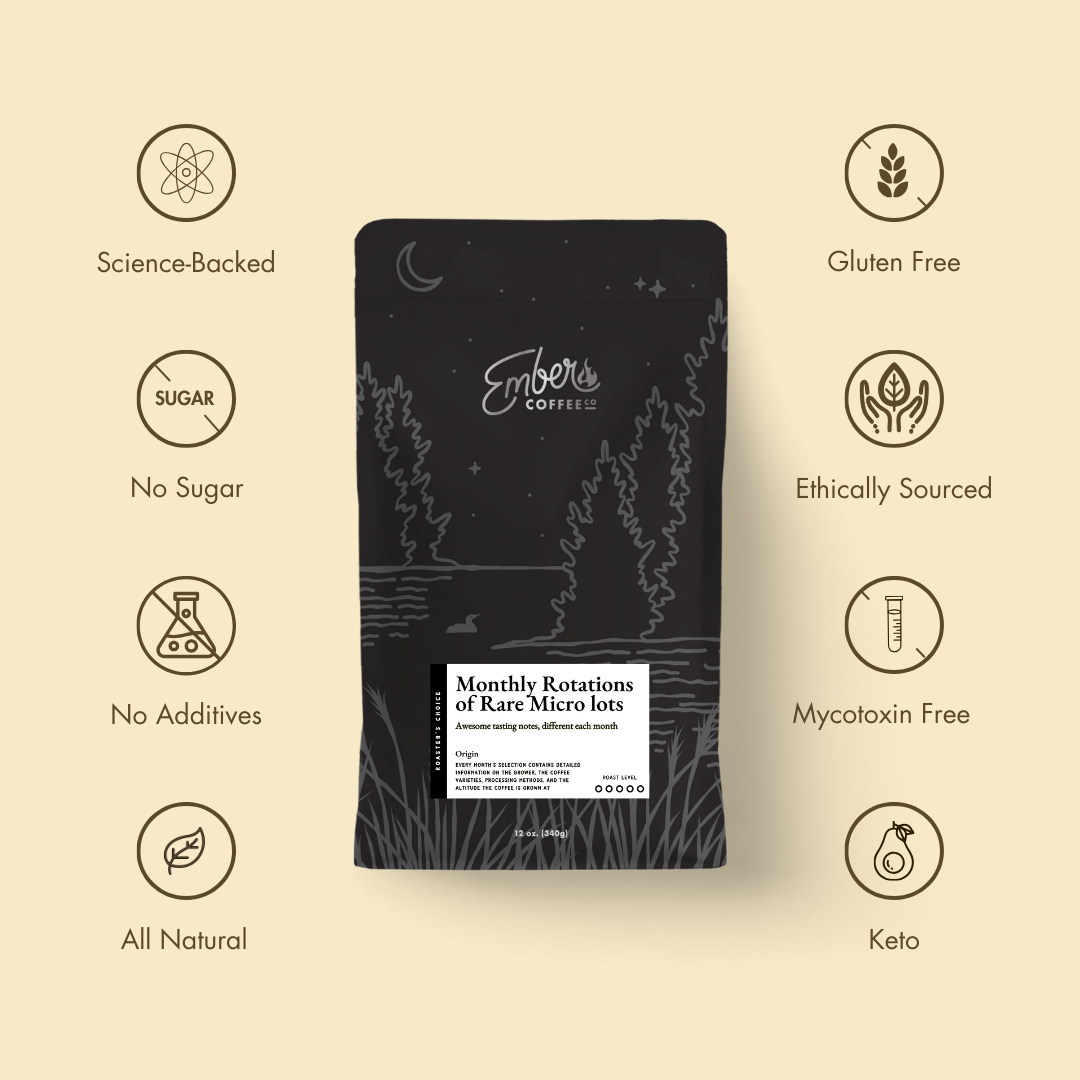 Roaster's Choice medium-dark roast single origin, 12 oz bag, ingredient icons graphic