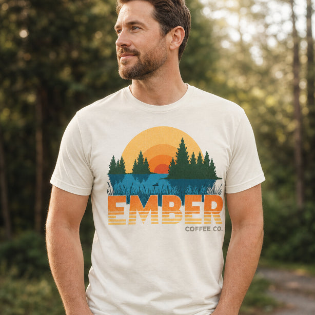 Ember Coffee Lakeside Tee (Unisex), tee in Vintage White, on model in the woods
