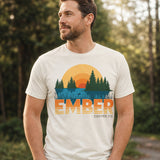 Ember Coffee Lakeside Tee (Unisex), tee in Vintage White, on model in the woods