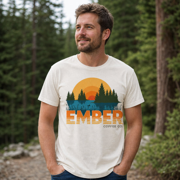 Ember Coffee Lakeside Tee (Unisex), sunset graphic tee on model, view 3