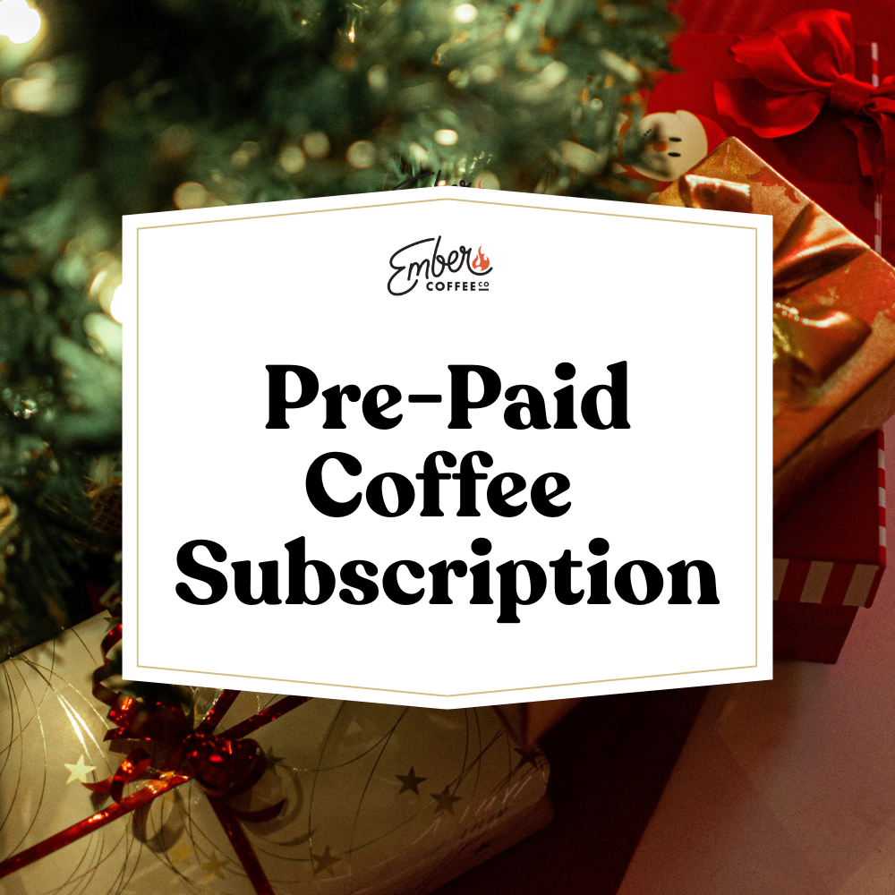Pre-Paid Subscription Deal, pre-paid coffee subscription graphic with wrapped gifts