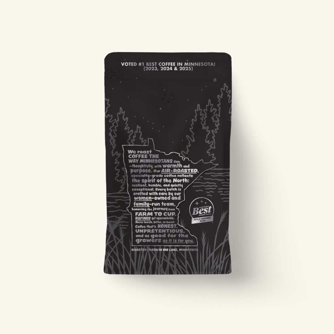 Roaster's Choice medium-dark roast single origin, 12 oz bag, back label