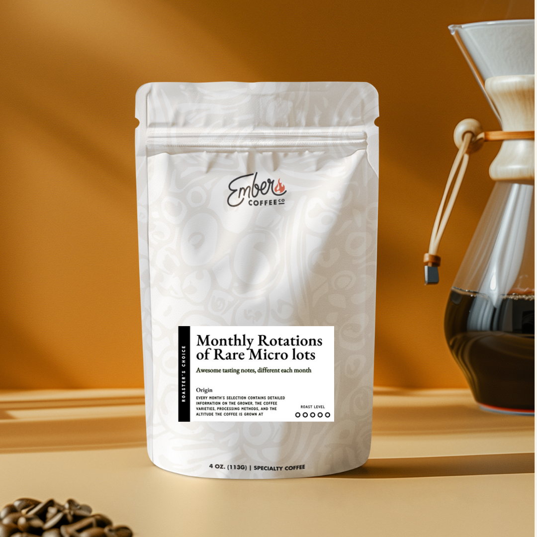 Roaster's Choice medium-dark roast single origin, 4 oz sample bag, front of bag