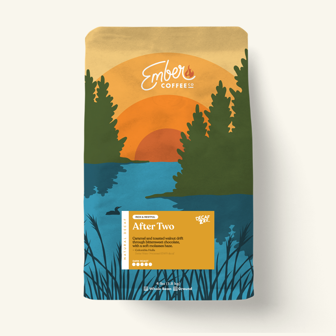 After Two (Decaf) medium-dark roast decaf coffee, 4 lb bag, front of bag