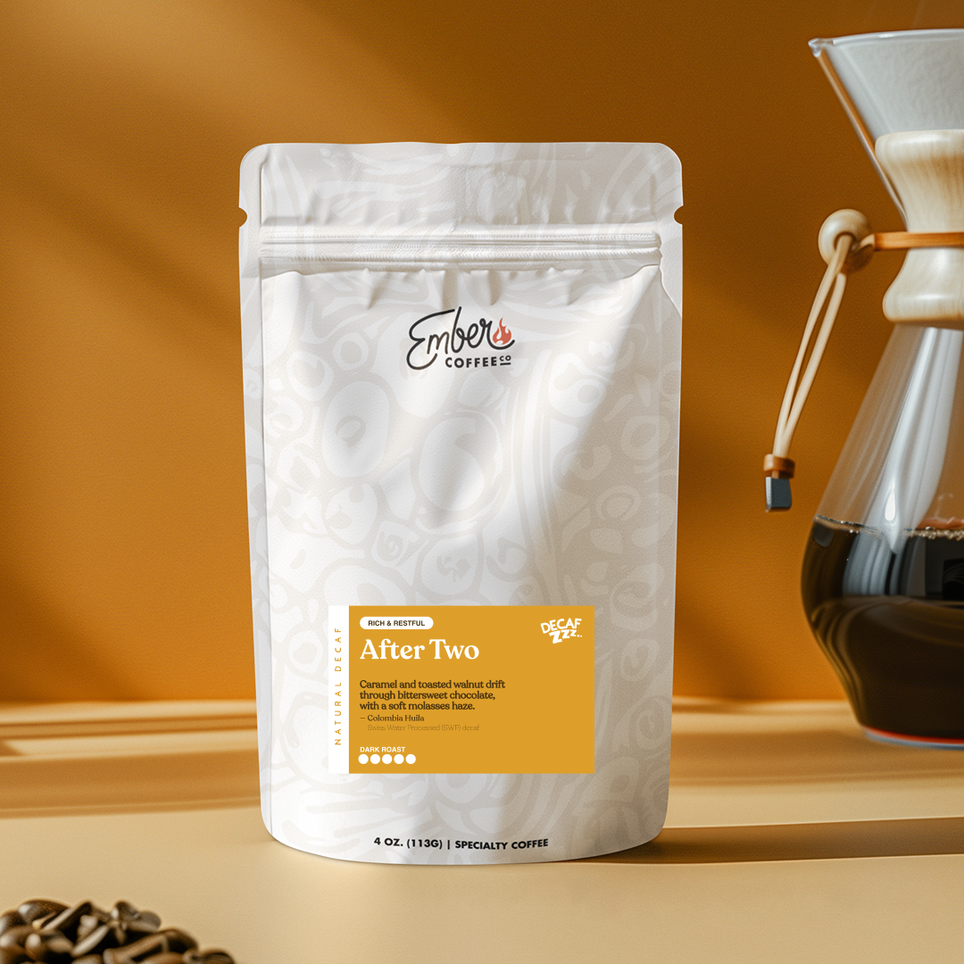 After Two (Decaf) medium-dark roast decaf coffee, 4 oz sample bag, front of bag