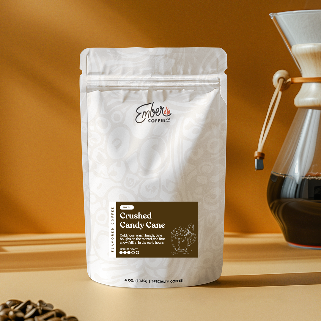 Candy Cane medium-dark roast flavored coffee, 4 oz sample bag, front of bag