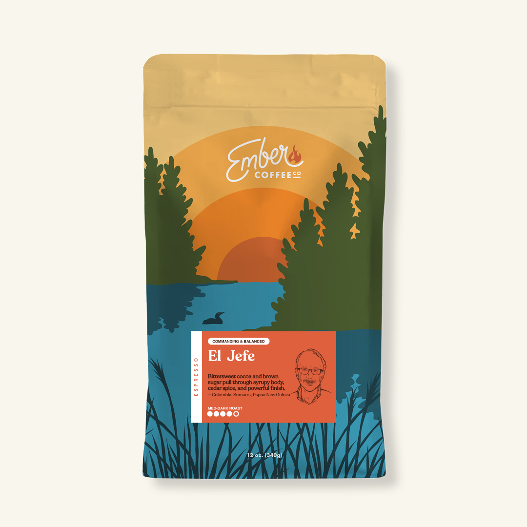 El Jefe Espresso medium-dark roast blend, 12 oz bag, front of bag