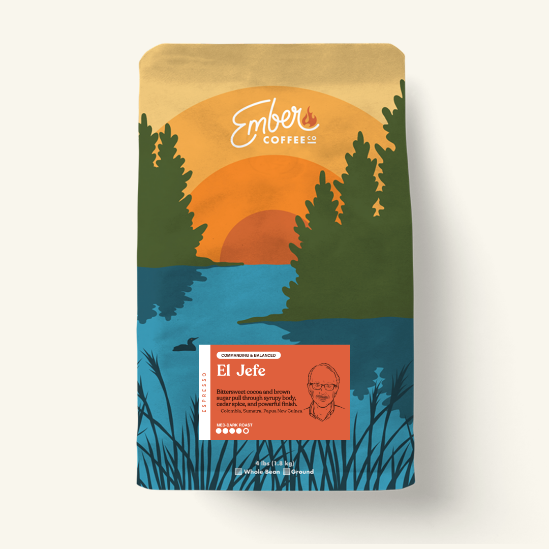 El Jefe Espresso medium-dark roast blend, 4 lb bag, front of bag
