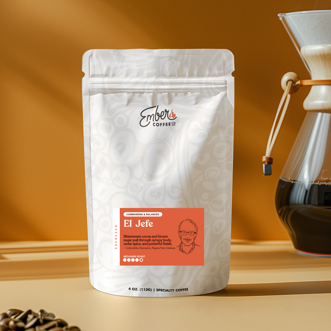 El Jefe Espresso medium-dark roast blend, 4 oz sample bag, front of bag
