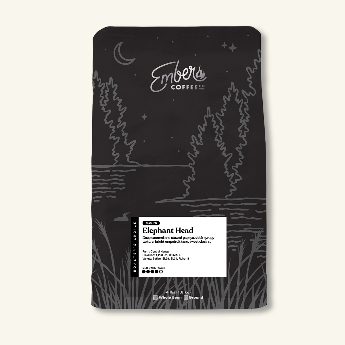 Roaster's Choice medium-dark roast single origin, 4 lb bag, front of bag