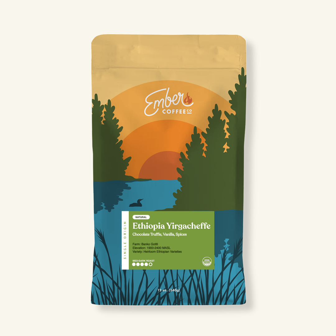 Ethiopia Yirgacheffe medium-dark roast single origin, 12 oz bag, front of bag
