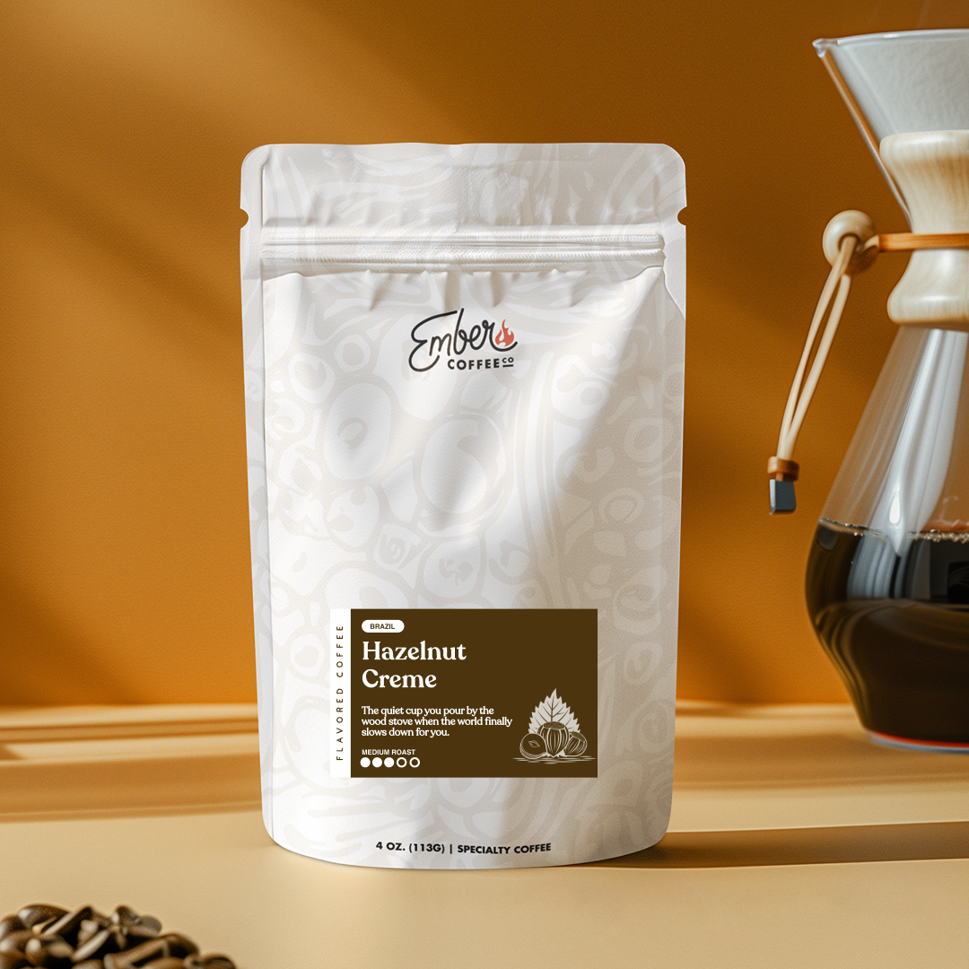 Hazelnut Cream medium roast flavored coffee, 4 oz sample bag, front of bag