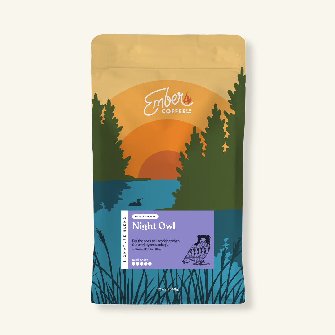 Night Owl dark roast single origin, 12 oz bag, front of bag