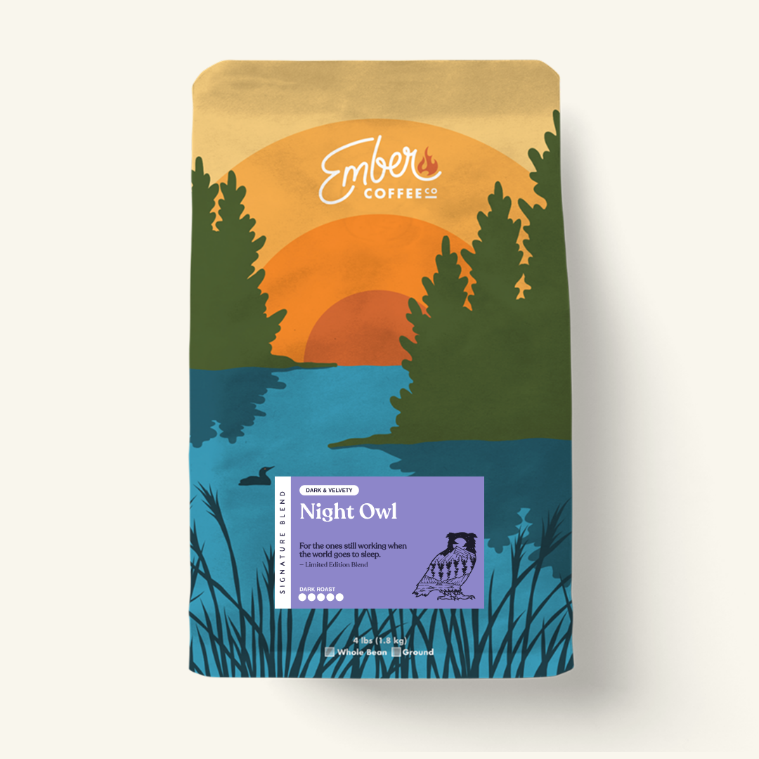 Night Owl dark roast single origin, 4 lb bag, front of bag