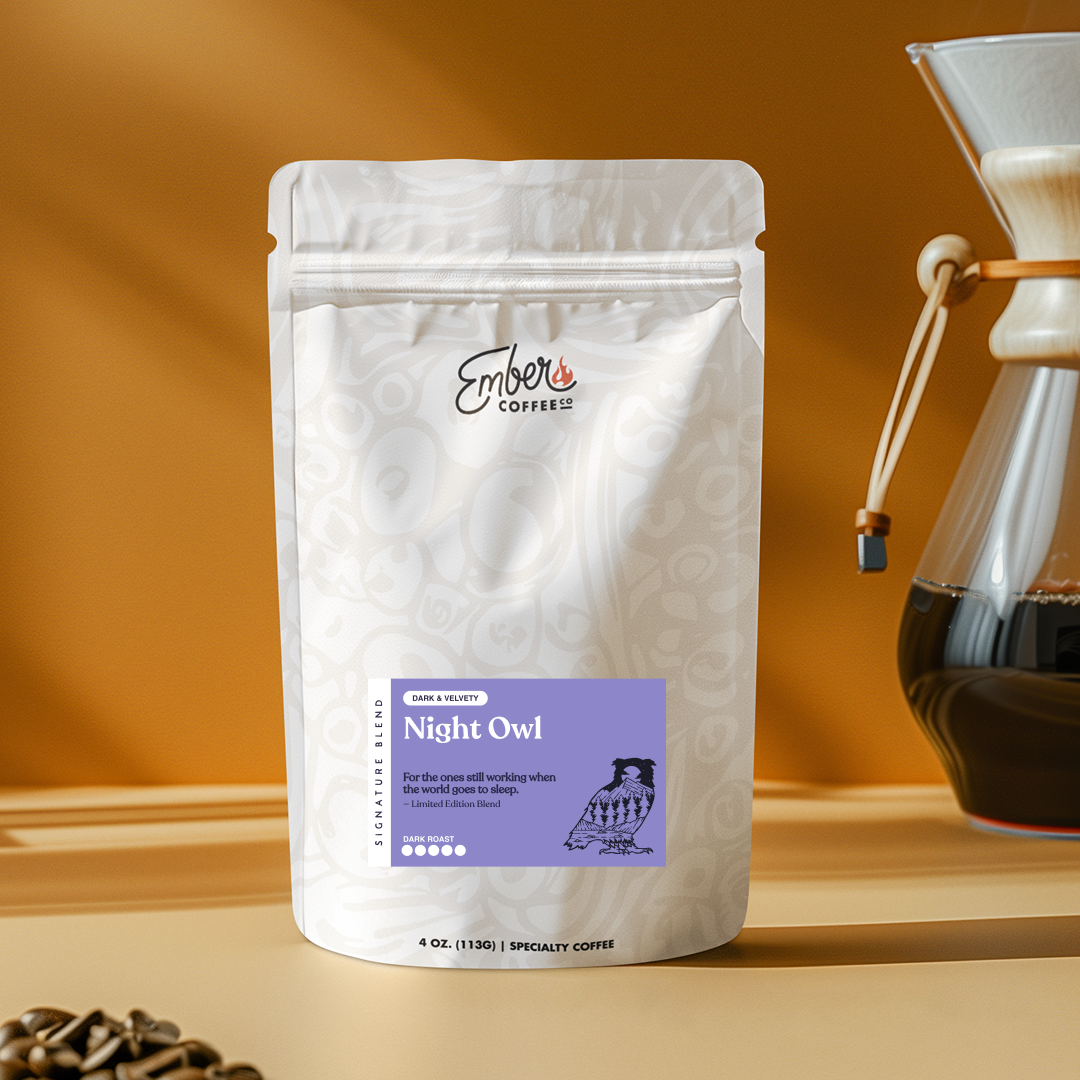 Night Owl dark roast single origin, 4 oz sample bag, front of bag