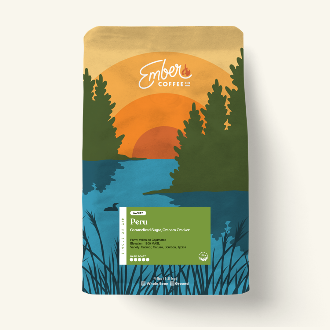 Peru Machu Picchu medium-dark roast single origin, 4 lb bag, front of bag