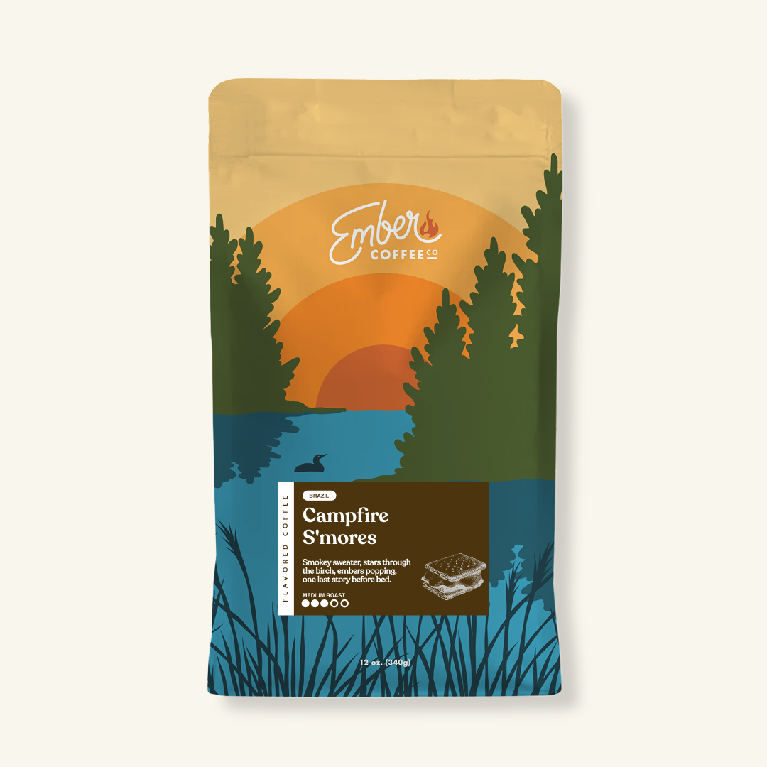 Campfire S'mores medium roast flavored coffee, 12 oz bag, front of bag