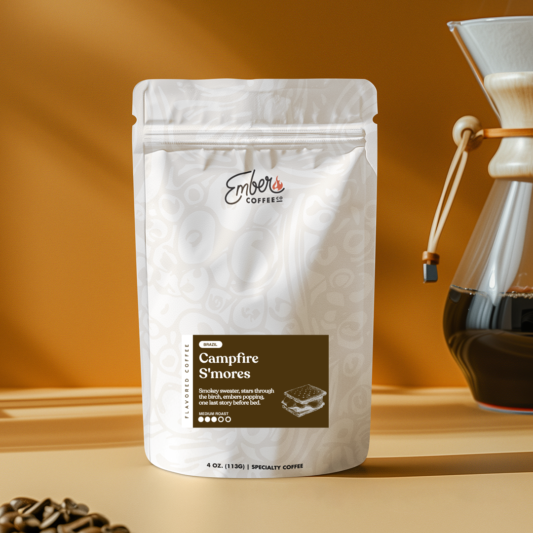 Campfire S'mores medium roast flavored coffee, 4 oz sample bag, front of bag