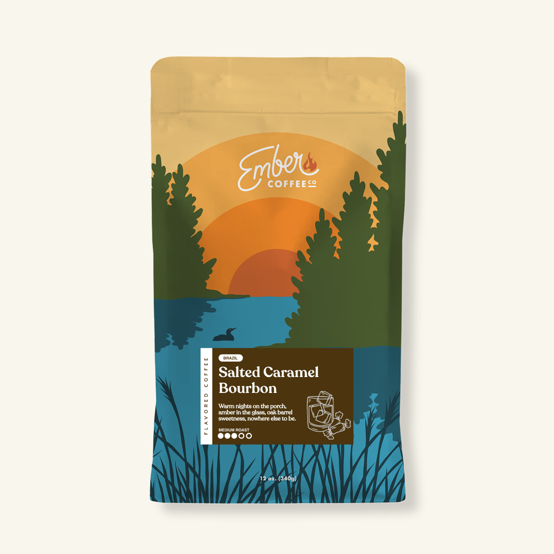 Salted Caramel Bourbon medium roast flavored coffee, 12 oz bag, front of bag