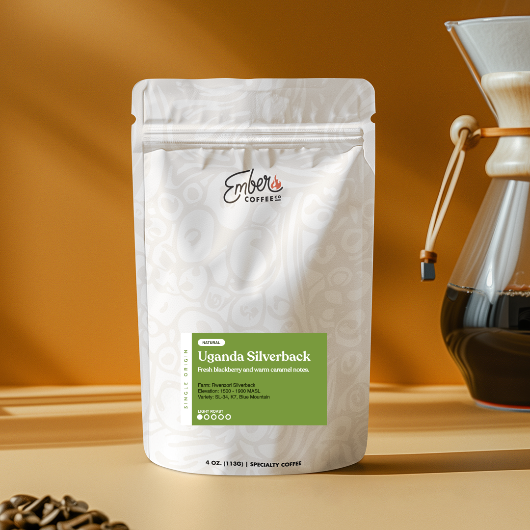 Uganda Rwenzori "Silverback" single origin, 4 oz sample bag, front of bag