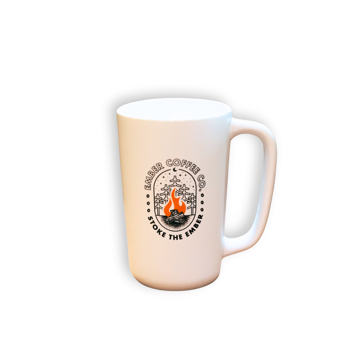 Stoke the Ember Mug, white ceramic mug with Ember flame graphic, product view
