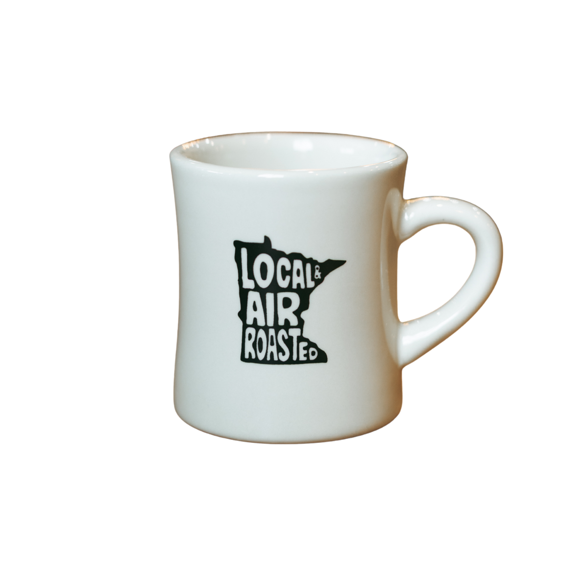 Ember Classic Diner Mug, white ceramic diner mug with Local Air Roasted Minnesota graphic, view 1