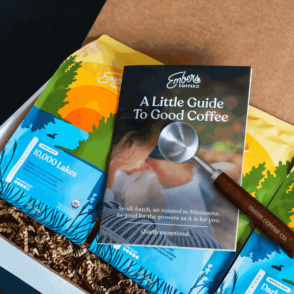 Ember Dark Roast Kit with 10,000 Lakes bag, A Little Guide to Good Coffee and engraved scoop