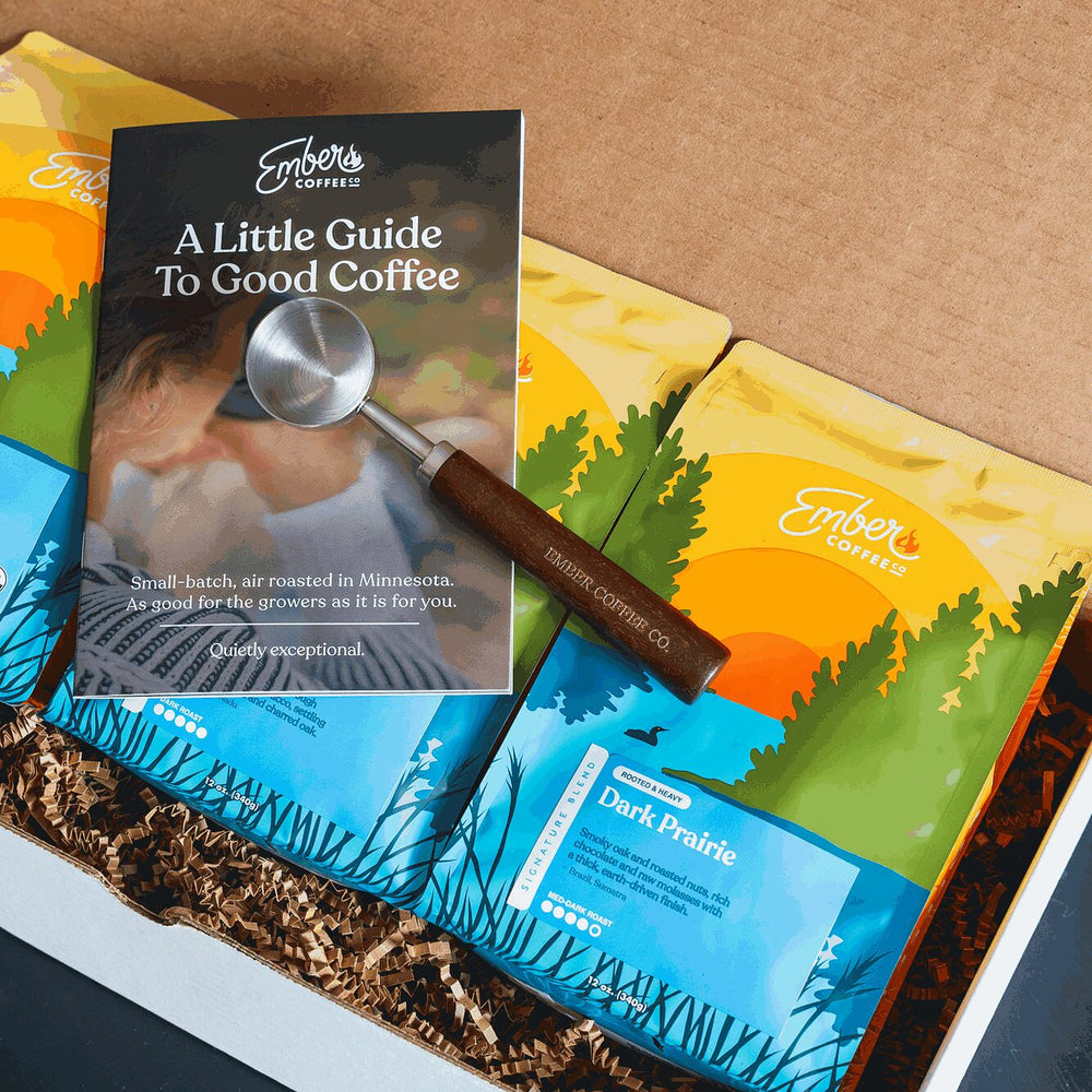 Ember Dark Roast Kit open box with guide, scoop and Dark Prairie bag
