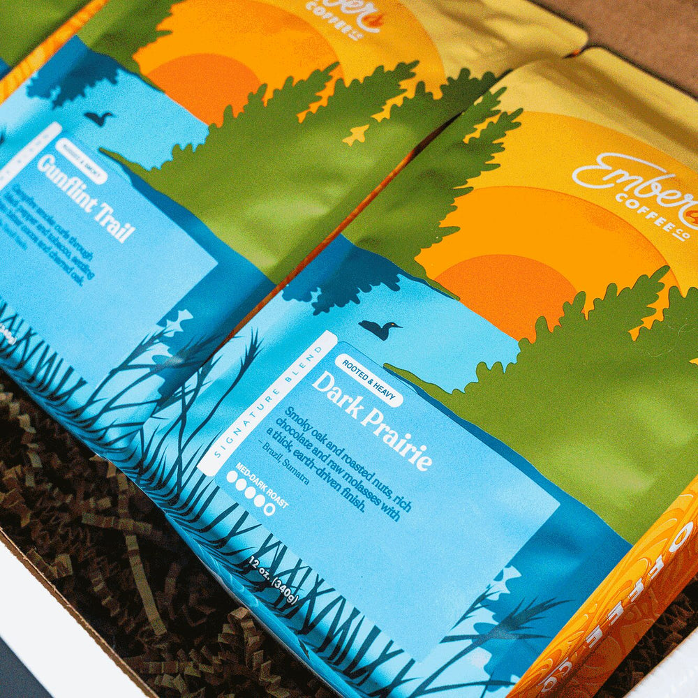 Close-up of Gunflint Trail and Dark Prairie 12 oz bags in the Ember Dark Roast Kit