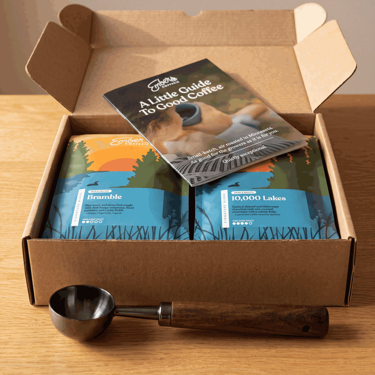 Ember Essentials Set, open box with two bags, brew guide and scoop, front angle