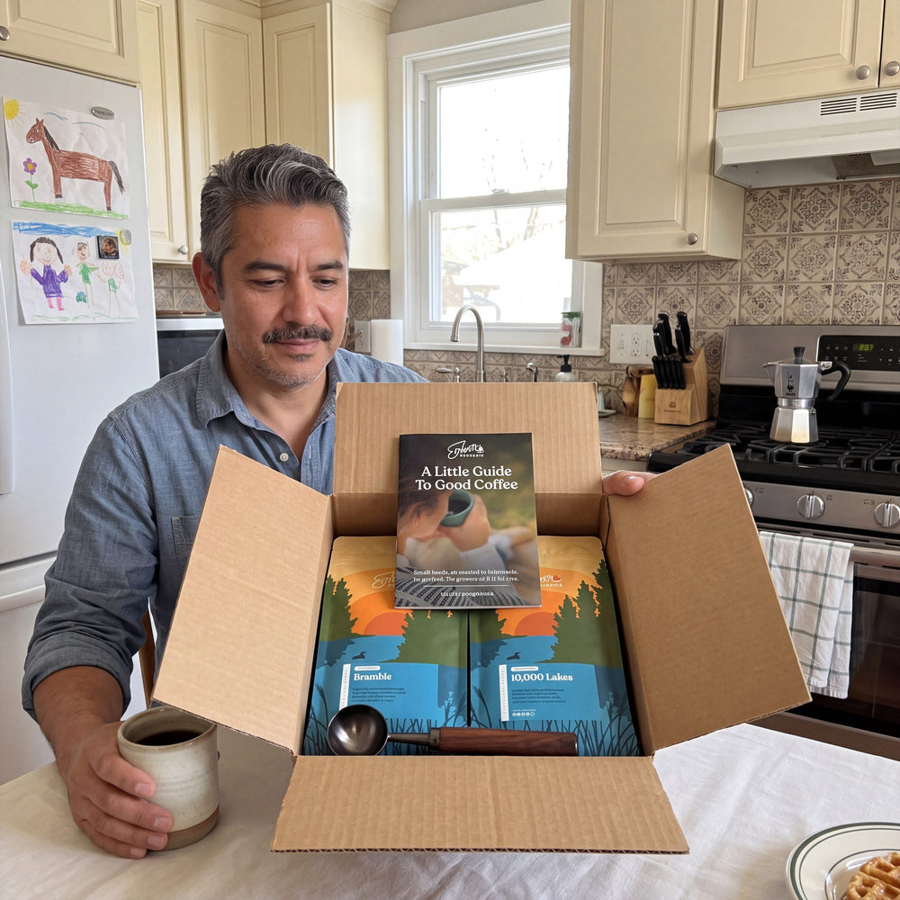Ember Essentials Set, lifestyle, customer with the open box and a mug in a kitchen
