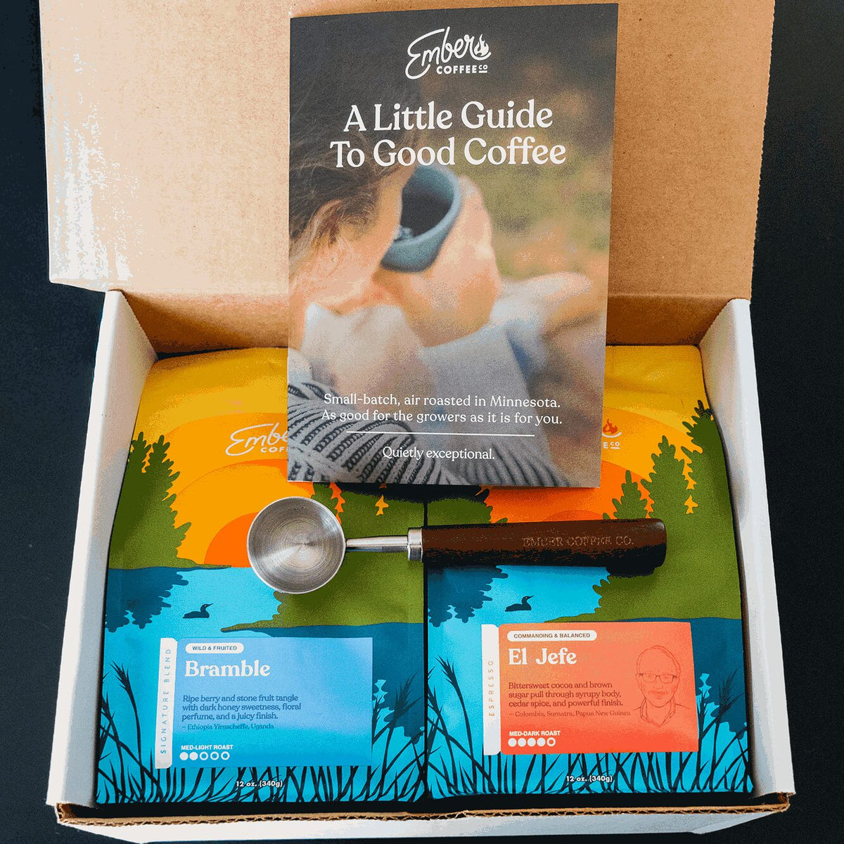 Ember Coffee Espresso Kit open from above with Bramble and El Jefe bags, scoop and guide