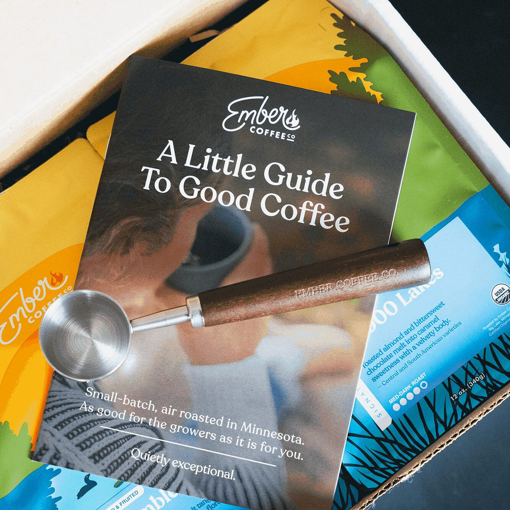 Ember Essentials Kit with A Little Guide to Good Coffee and walnut-handled Ember Coffee Co. scoop