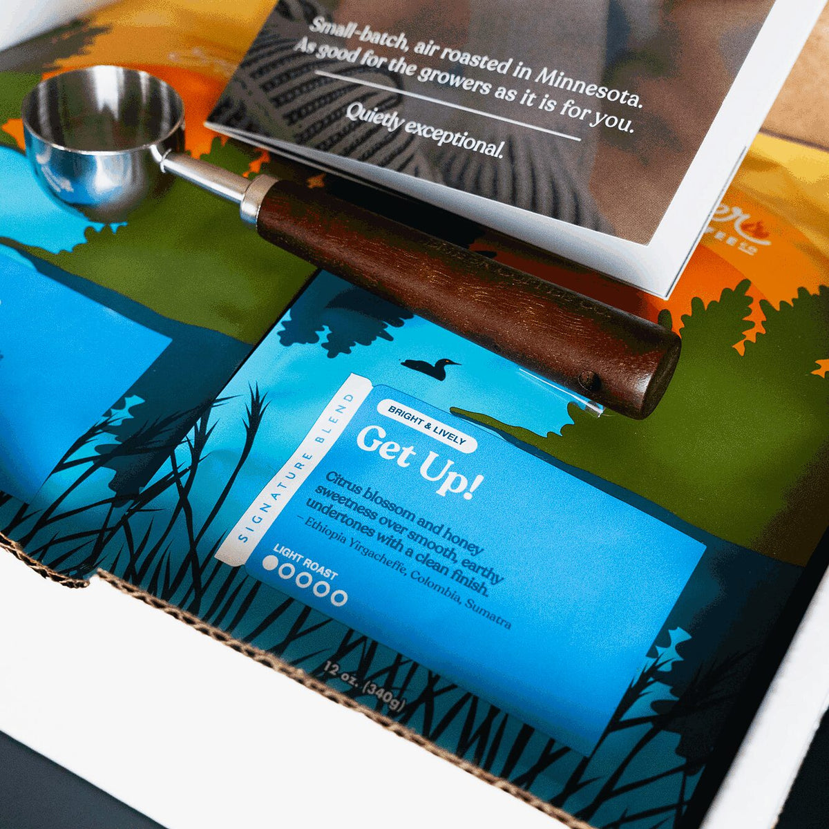 Ember Coffee Light Roast Kit with Get Up! bag, engraved coffee scoop and guide booklet