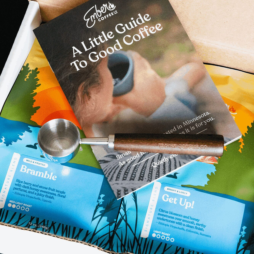 Ember Coffee Light Roast Kit open with Bramble and Get Up! bags, scoop and A Little Guide to Good Coffee