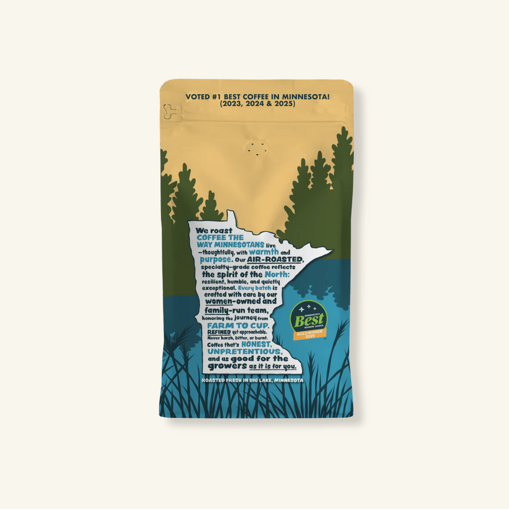 Ember Coffee 12 oz bag, back label with Minnesota map