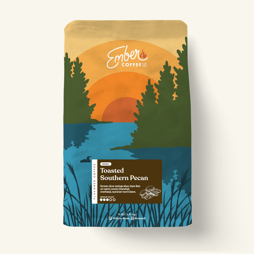 Toasted Southern Pecan 4 lb bag, Ember Coffee lake and sunset artwork with pecan label