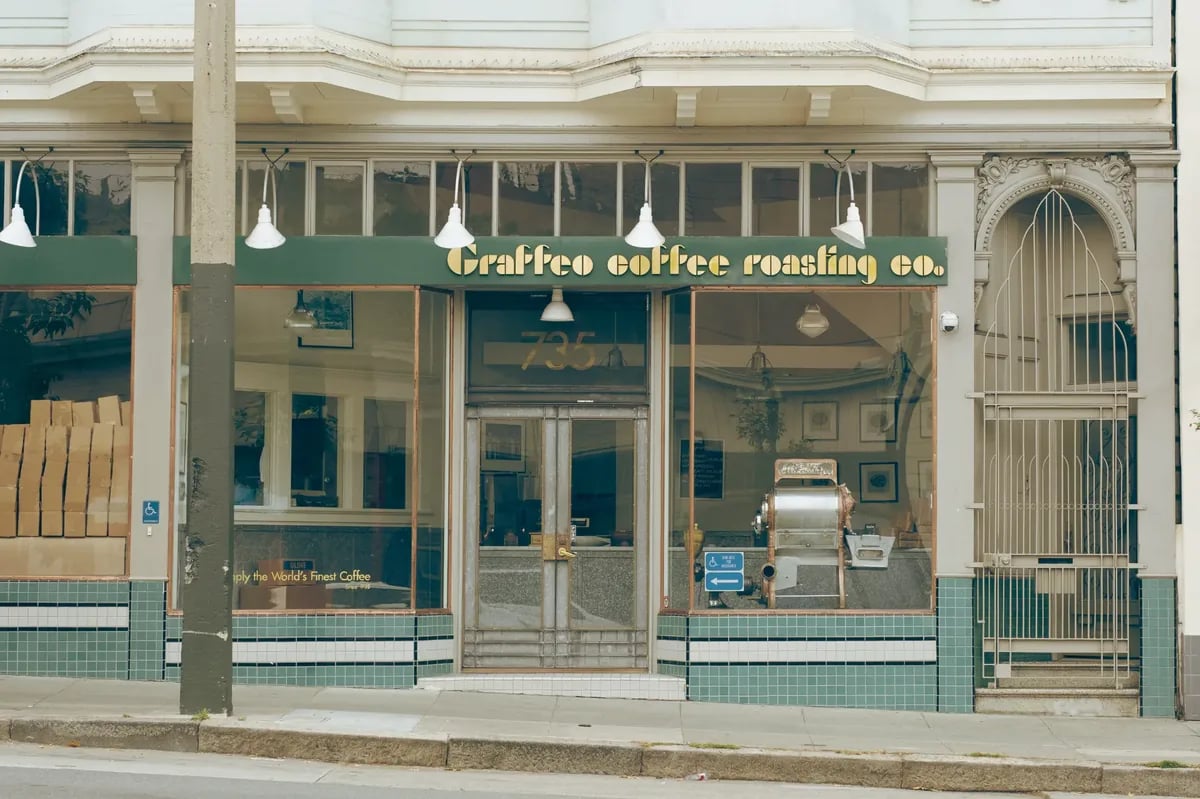 Street-level view of a neighborhood coffee shop